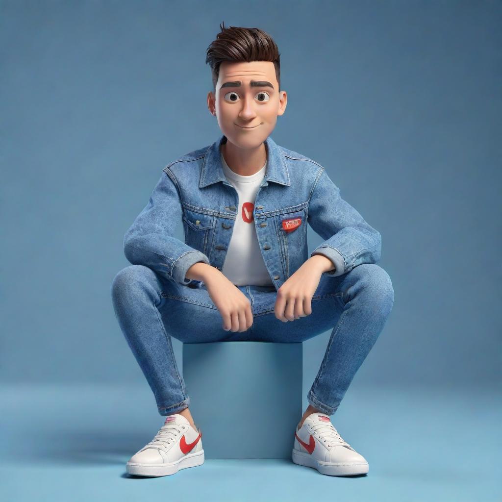 Generate a 3D illustration of an animated character with the phrase 'YouTube'. The character is stylishly dressed in casual attire, notably a denim jacket and sneakers, sitting down.