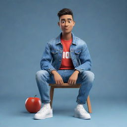 Generate a 3D illustration of an animated character with the phrase 'YouTube'. The character is stylishly dressed in casual attire, notably a denim jacket and sneakers, sitting down.