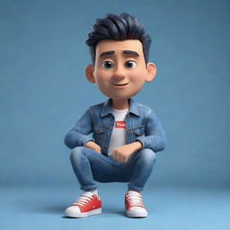 Generate a 3D illustration of an animated character with the phrase 'YouTube'. The character is stylishly dressed in casual attire, notably a denim jacket and sneakers, sitting down.