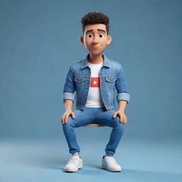 Generate a 3D illustration of an animated character with the phrase 'YouTube'. The character is stylishly dressed in casual attire, notably a denim jacket and sneakers, sitting down.