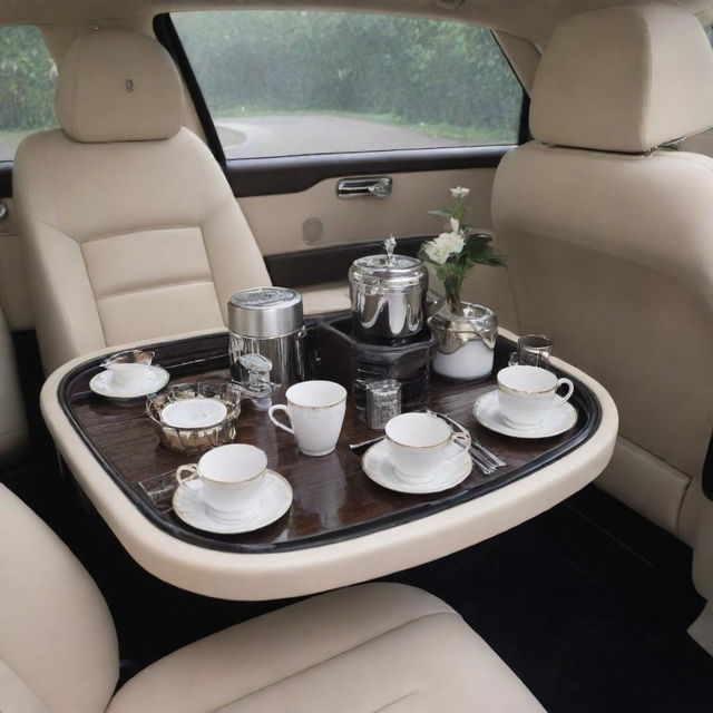 A sophisticated setting inside a Rolls Royce car with the elegance of a mini tea-making setup on the built-in car table.