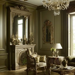 Opulent classic living room with rich green color palette, antique furniture, and ornate details