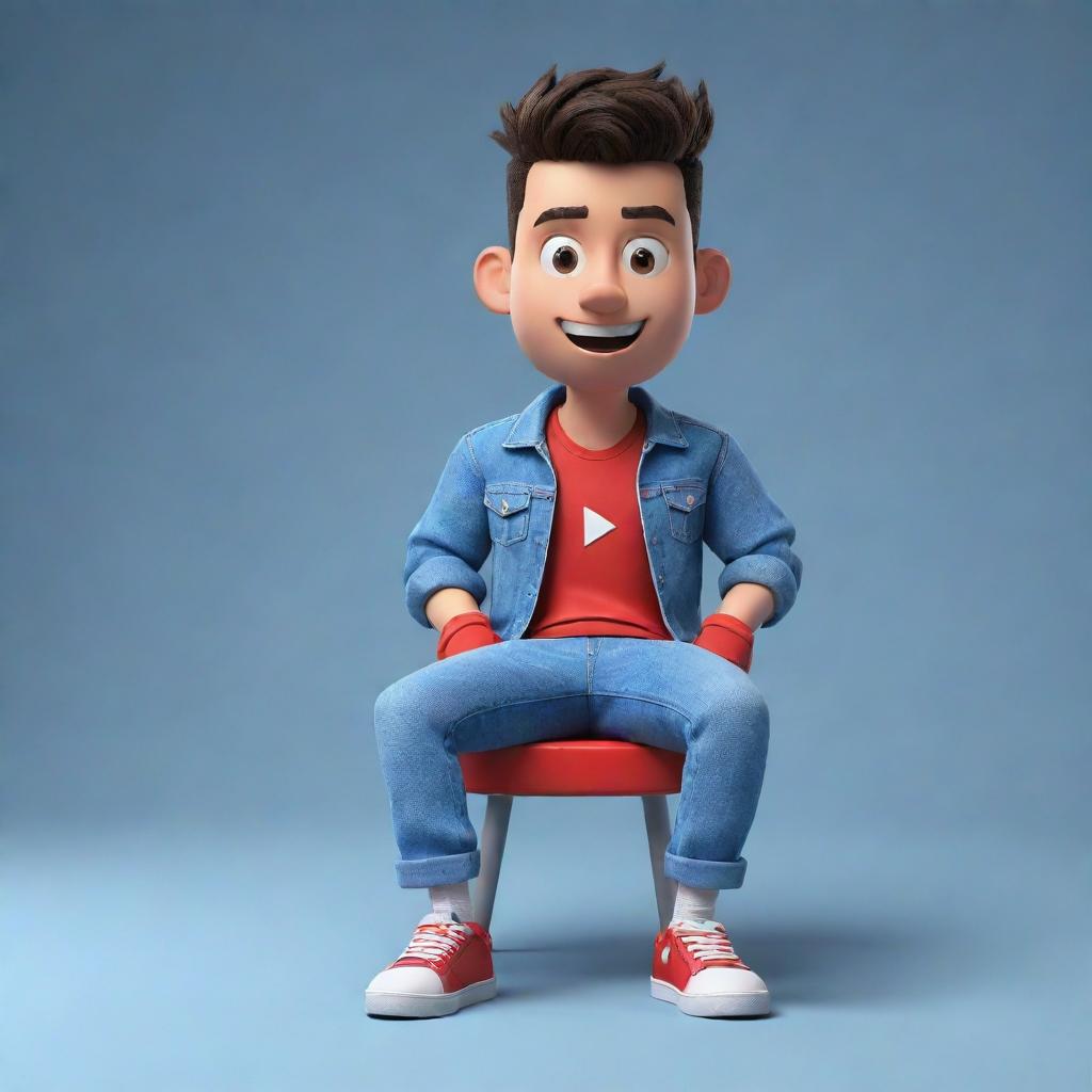 Design a 3D illustration of a seated animated character displaying the YouTube logo. The character is stylishly outfitted in casual clothing like a denim jacket and sneakers.