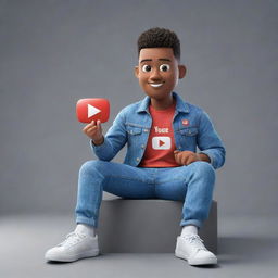 Design a 3D illustration of a seated animated character displaying the YouTube logo. The character is stylishly outfitted in casual clothing like a denim jacket and sneakers.