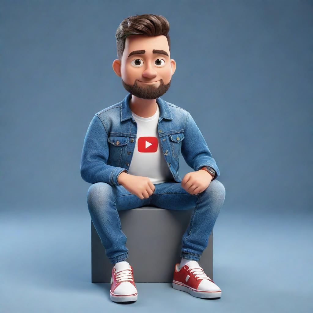 Design a 3D illustration of a seated animated character displaying the YouTube logo. The character is stylishly outfitted in casual clothing like a denim jacket and sneakers.