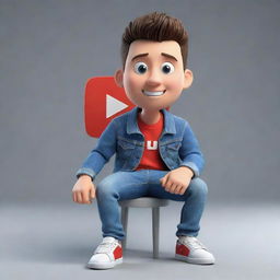 Design a 3D illustration of a seated animated character displaying the YouTube logo. The character is stylishly outfitted in casual clothing like a denim jacket and sneakers.