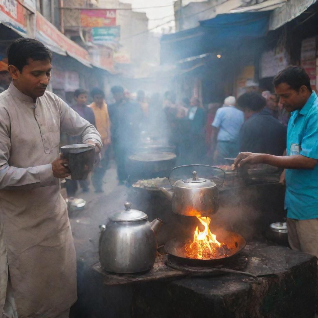 A traditional Indian Chai Wala in a bustling street market, with a metal teapot steaming over an open flame