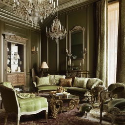 Opulent classic living room with rich green color palette, antique furniture, and ornate details