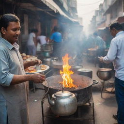 A traditional Indian Chai Wala in a bustling street market, with a metal teapot steaming over an open flame