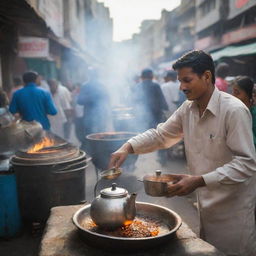 A traditional Indian Chai Wala in a bustling street market, with a metal teapot steaming over an open flame