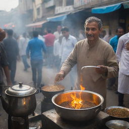 A traditional Indian Chai Wala in a bustling street market, with a metal teapot steaming over an open flame