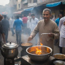 A traditional Indian Chai Wala in a bustling street market, with a metal teapot steaming over an open flame