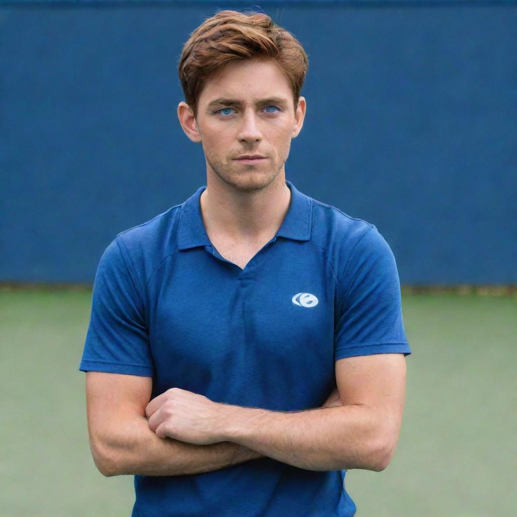 Neil Josten, main character from the book series All for the Game, with striking blue eyes and messy auburn hair, wearing a casual athletic outfit, holding a handleless exy racquet.