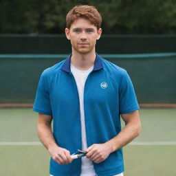 Neil Josten, main character from the book series All for the Game, with striking blue eyes and messy auburn hair, wearing a casual athletic outfit, holding a handleless exy racquet.