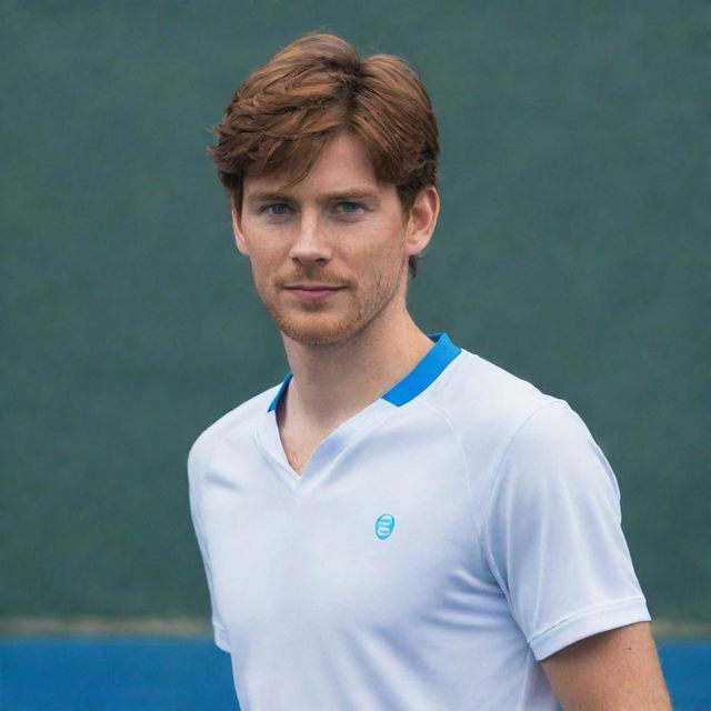 Neil Josten, main character from the book series All for the Game, with striking blue eyes and messy auburn hair, wearing a casual athletic outfit, holding a handleless exy racquet.