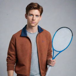 Neil Josten, main character from the book series All for the Game, with striking blue eyes and messy auburn hair, wearing a casual athletic outfit, holding a handleless exy racquet.