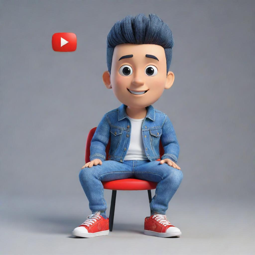 Generate a 3D illustration of an animated character heralding the YouTube logo. The character, dressed in fashionable casual clothes such as a denim jacket and sneakers, is comfortably seated.