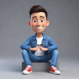 Generate a 3D illustration of an animated character heralding the YouTube logo. The character, dressed in fashionable casual clothes such as a denim jacket and sneakers, is comfortably seated.