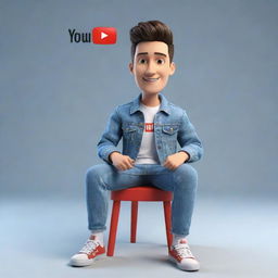 Generate a 3D illustration of an animated character heralding the YouTube logo. The character, dressed in fashionable casual clothes such as a denim jacket and sneakers, is comfortably seated.