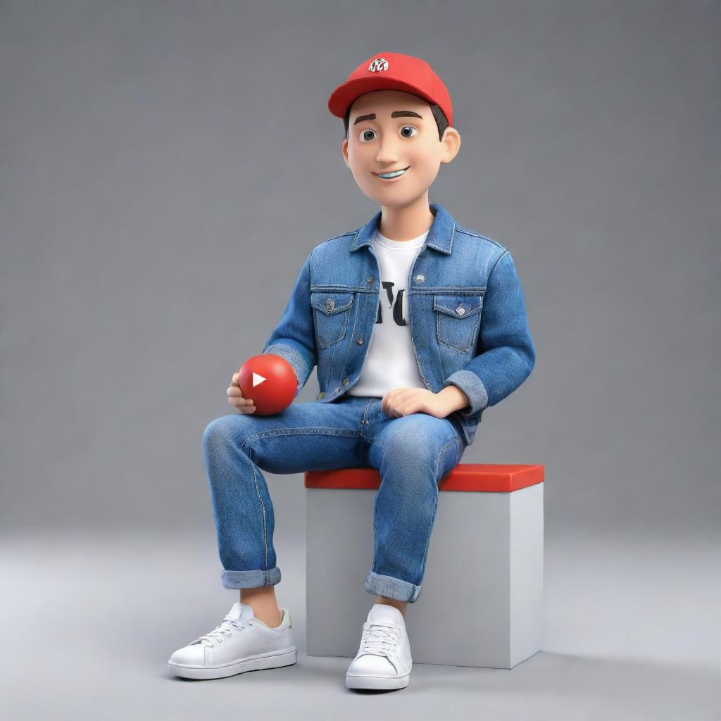 Generate a 3D illustration of an animated character heralding the YouTube logo. The character, dressed in fashionable casual clothes such as a denim jacket and sneakers, is comfortably seated.