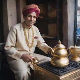 A wealthy Chai Wala at a high-end Indian market, dressed in expensive traditional clothing and using a golden teapot over an elegant stove.