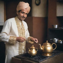 A wealthy Chai Wala at a high-end Indian market, dressed in expensive traditional clothing and using a golden teapot over an elegant stove.