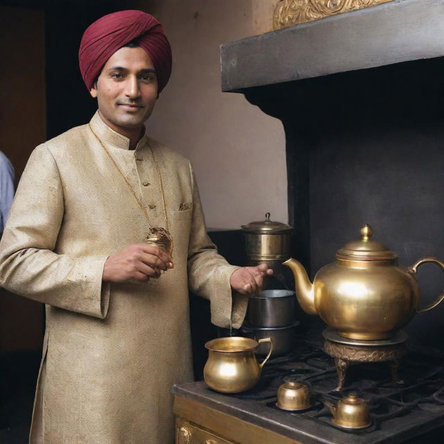 A wealthy Chai Wala at a high-end Indian market, dressed in expensive traditional clothing and using a golden teapot over an elegant stove.