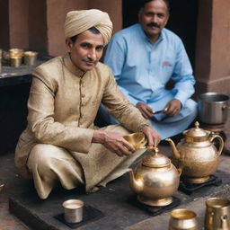 A wealthy Chai Wala at a high-end Indian market, dressed in expensive traditional clothing and using a golden teapot over an elegant stove.