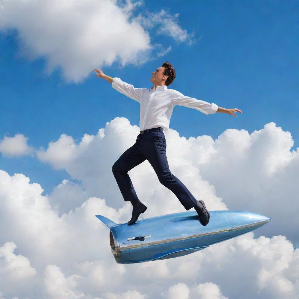 An imaginative representation of an individual dancing on the shiny roof of a soaring airplane against a backdrop of fluffy white clouds and a blue sky.