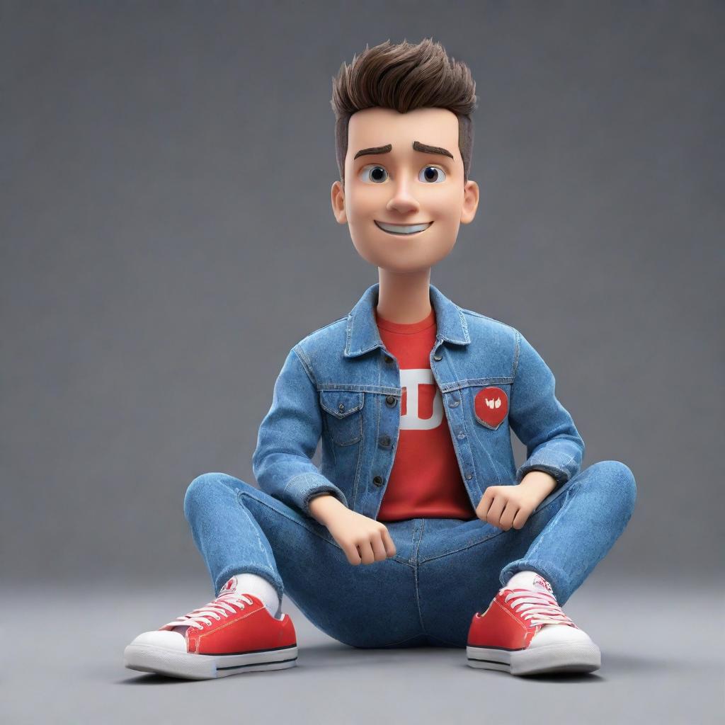 Produce a 3D illustration of an animated character displaying the YouTube logo. The character is dressed in fashionable, casual attire including a denim jacket and sneakers, seated casually.