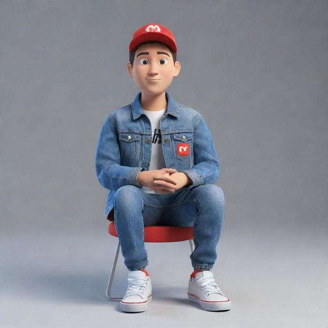 Produce a 3D illustration of an animated character displaying the YouTube logo. The character is dressed in fashionable, casual attire including a denim jacket and sneakers, seated casually.