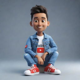 Produce a 3D illustration of an animated character displaying the YouTube logo. The character is dressed in fashionable, casual attire including a denim jacket and sneakers, seated casually.