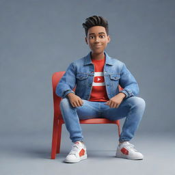 Produce a 3D illustration of an animated character displaying the YouTube logo. The character is dressed in fashionable, casual attire including a denim jacket and sneakers, seated casually.