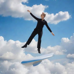 An imaginative representation of an individual dancing on the shiny roof of a soaring airplane against a backdrop of fluffy white clouds and a blue sky.