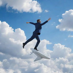 An imaginative representation of an individual dancing on the shiny roof of a soaring airplane against a backdrop of fluffy white clouds and a blue sky.