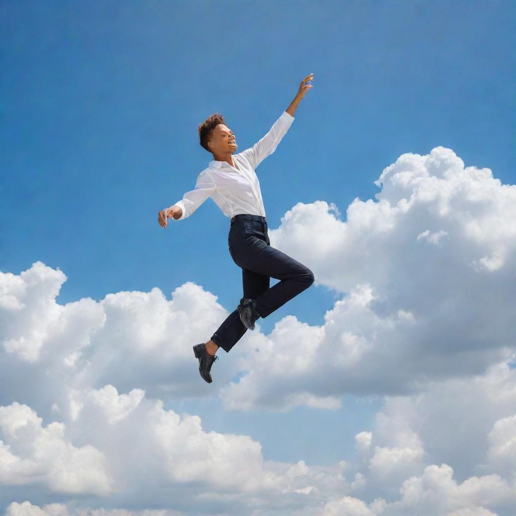 An imaginative representation of an individual dancing on the shiny roof of a soaring airplane against a backdrop of fluffy white clouds and a blue sky.