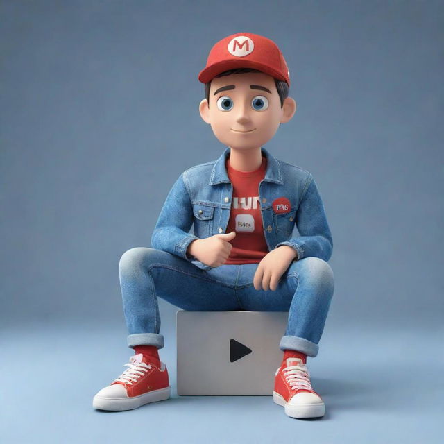 Design a 3D illustration of an animated character exhibiting the YouTube logo. The character, stylishly dressed in casual clothing like a denim jacket and sneakers, is sitting down.