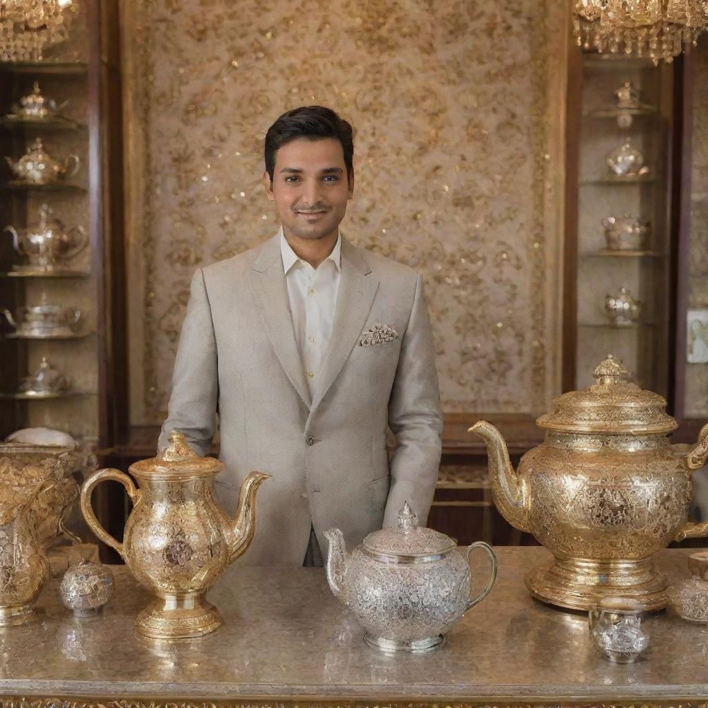 An extremely affluent Chai Wala, adorned in luxurious attire, standing in a high-class setting with diamond-studded golden teapot and a silver stall profusely decorated with rich Indian designs.