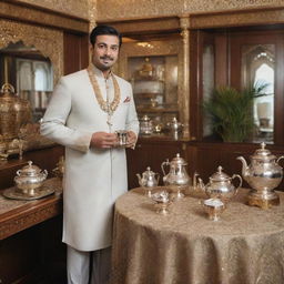 An extremely affluent Chai Wala, adorned in luxurious attire, standing in a high-class setting with diamond-studded golden teapot and a silver stall profusely decorated with rich Indian designs.