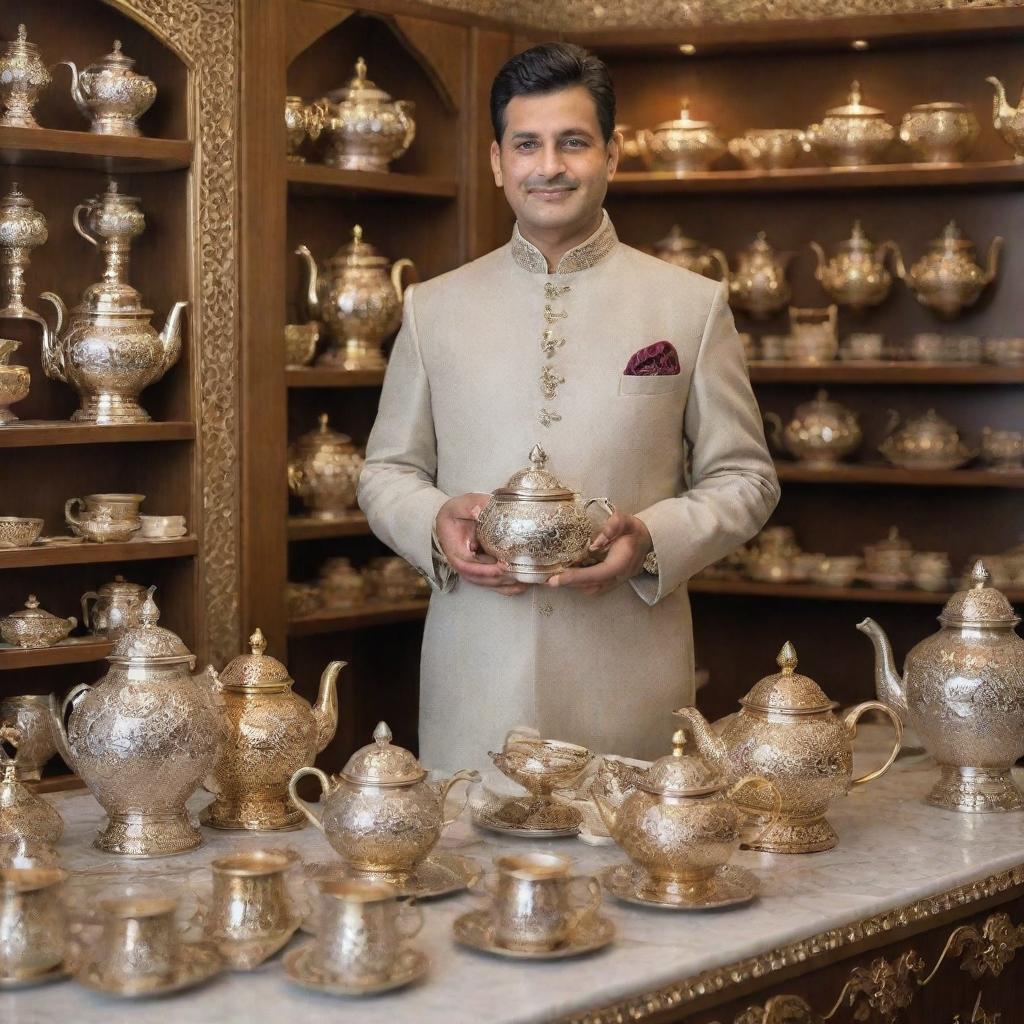 An extremely affluent Chai Wala, adorned in luxurious attire, standing in a high-class setting with diamond-studded golden teapot and a silver stall profusely decorated with rich Indian designs.