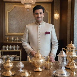 An extremely affluent Chai Wala, adorned in luxurious attire, standing in a high-class setting with diamond-studded golden teapot and a silver stall profusely decorated with rich Indian designs.