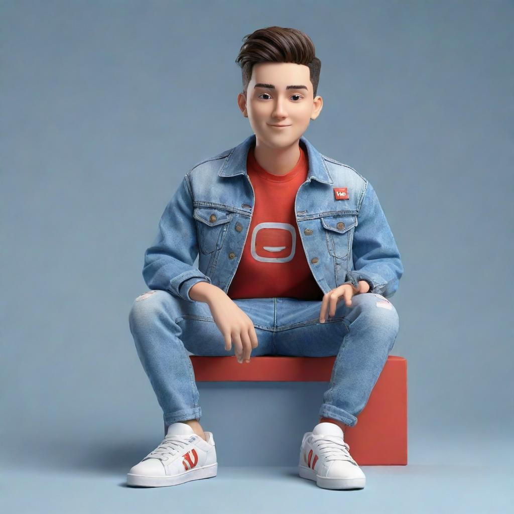 Generate a 3D illustration of an animated character adorned with casual fashion, such as a denim jacket and sneakers, showcasing the YouTube logo, and comfortably seated.