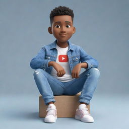 Generate a 3D illustration of an animated character adorned with casual fashion, such as a denim jacket and sneakers, showcasing the YouTube logo, and comfortably seated.