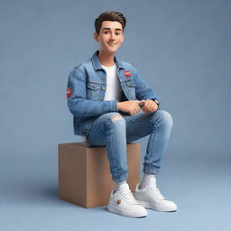 Generate a 3D illustration of an animated character adorned with casual fashion, such as a denim jacket and sneakers, showcasing the YouTube logo, and comfortably seated.