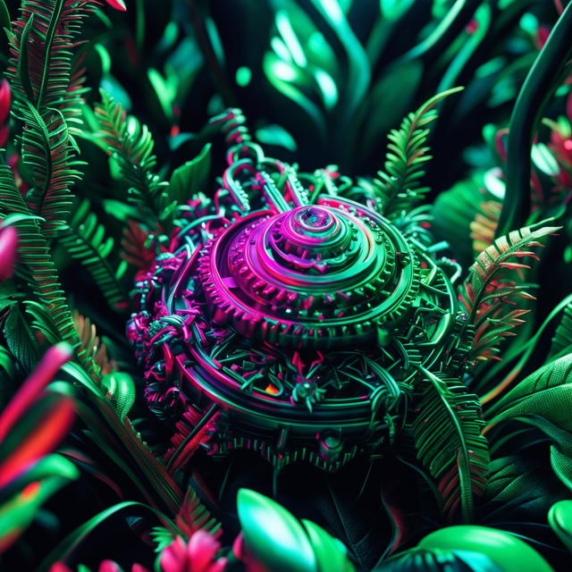 Close-up 3D photograph of a rococo-inspired robotic amulet in a vibrant mechanical forest with fantasy and future aesthetics.