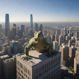 A colossal lizard towering over a dynamic world cityscape, casting long shadows over the buildings.