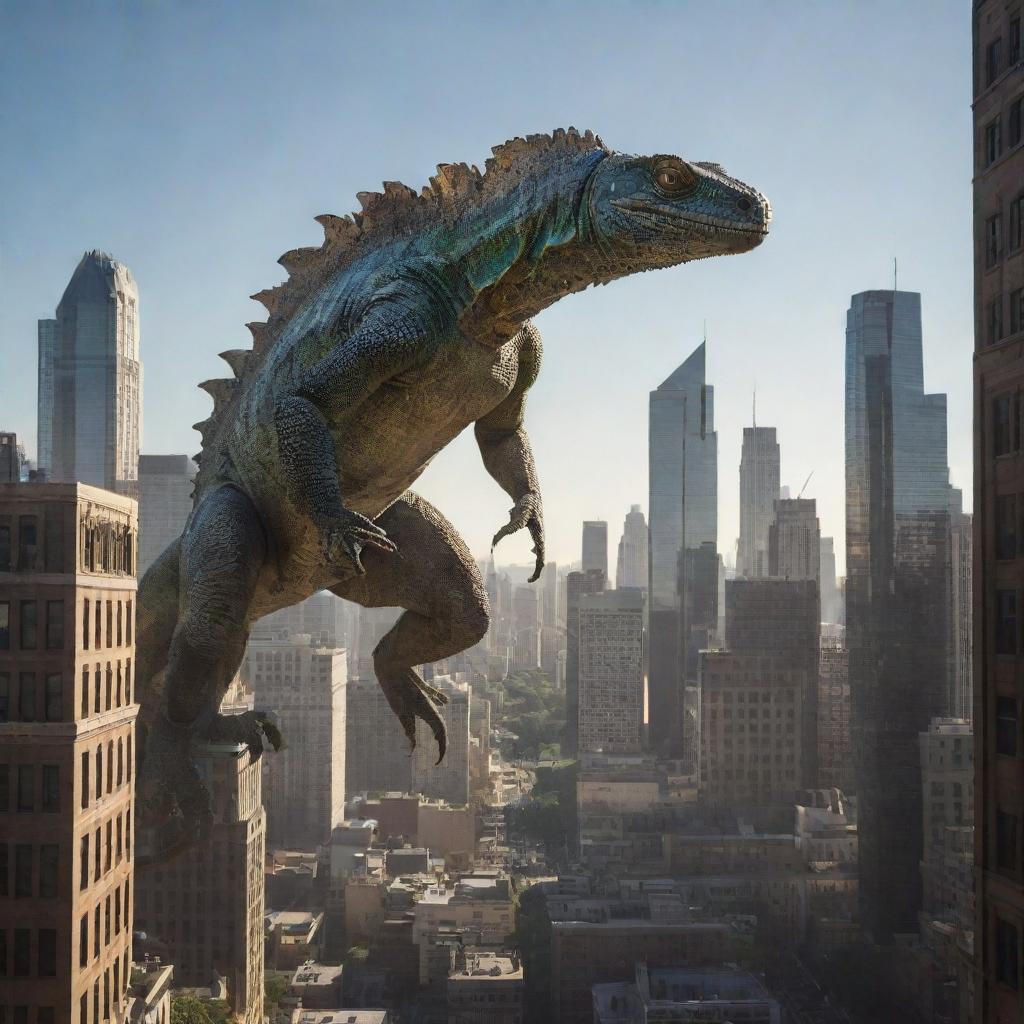 A colossal lizard towering over a dynamic world cityscape, casting long shadows over the buildings.