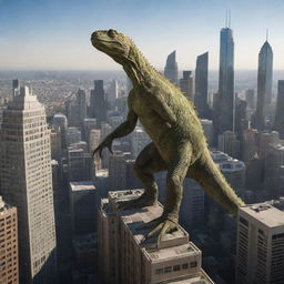 A colossal lizard towering over a dynamic world cityscape, casting long shadows over the buildings.