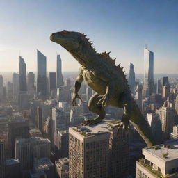 A colossal lizard towering over a dynamic world cityscape, casting long shadows over the buildings.