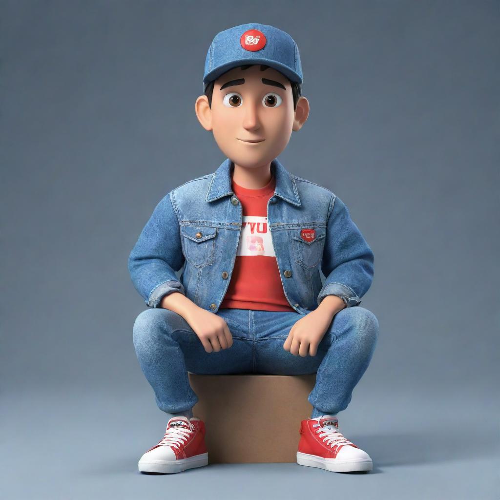 Produce a 3D illustration of an animated character prominently featuring the YouTube logo and styled in fashionable, casual attire including a denim jacket, sneakers, and a hat, watching the 'med kad' channel.